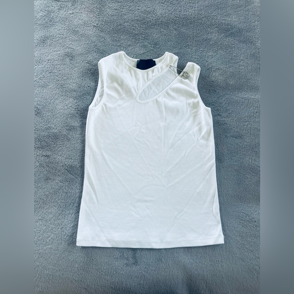 Phillip Plein Womens White Crew Neck Logo Pin Cut Out Ribbed Tank Top Size Small